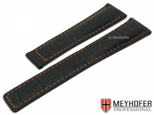 Uhrenarmband -Alderney- 22mm schwarz Leder Alligator-Pr�gung orange Naht Faltschlie�e MEYHOFER (Schlie�enansto� 18 mm) - Bild vergr��ern 