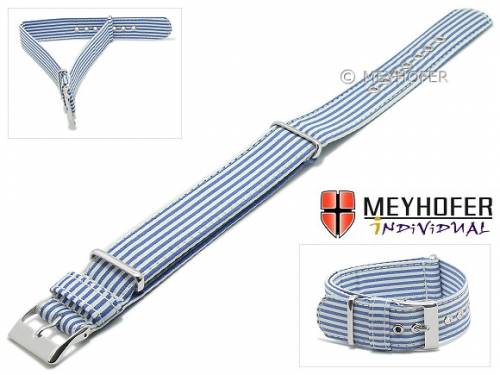 Uhrenarmband -Salerno- 18mm mittelblau Textil wei�e Streifen Durchzugsband im NATO-Style von MEYHOFER - Made in Italy - Bild vergr��ern 