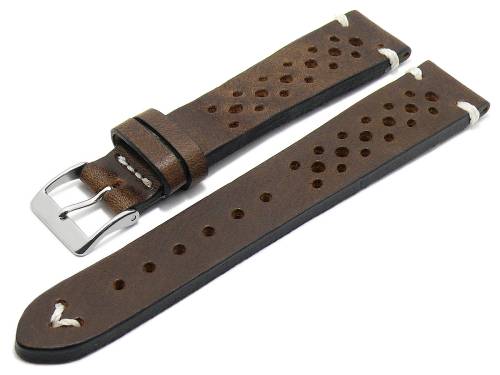 HANDMADE IN GERMANY: Uhrarmband -Grafenau- 19mm d.braun Leder Racing Vintage helle Naht MEYHOFER (Schlie�enansto� 16 mm) - Bild vergr��ern 