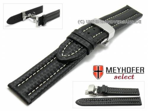 Uhrenarmband -Denton- 22mm schwarz Leder Carbon-Look Butterflyfaltschlie�e helle Naht MEYHOFER (Schlie�enansto� 20 mm) - Bild vergr��ern 