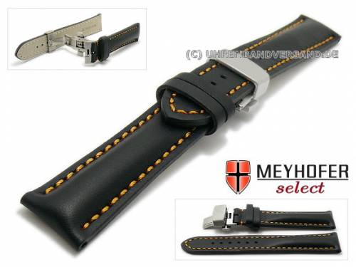 Uhrenarmband -Antibes- 22mm schwarz Leder Butterflyfaltschlie�e geb�rstet orange Naht MEYHOFER (Schlie�enansto� 20 mm) - Bild vergr��ern 