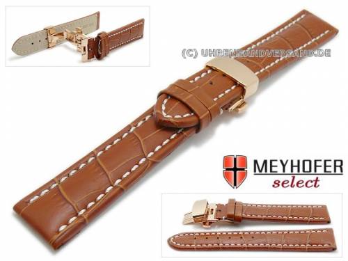 Uhrenarmband -Ocala- 20mm mittelbraun Allig.-Pr�g. helle Naht ros�farbene Faltschlie�e Meyhofer (Schlie�enansto� 18 mm) - Bild vergr��ern 