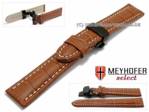 Uhrenarmband  -Brisbane- 20mm mittelbraun Allig.-Pr�g. helle Naht schwarze Faltschlie�e Meyhofer (Schlie�enansto� 18 mm) - Bild vergr��ern 