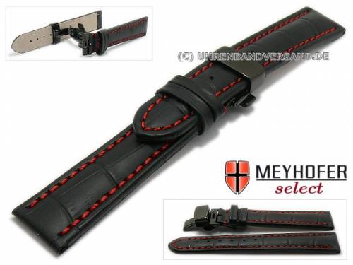 Uhrenarmband  -Brisbane- 24mm schwarz Allig.-Pr�g. rote Naht Faltschlie�e schwarz von Meyhofer (Schlie�enansto� 22 mm) - Bild vergr��ern 