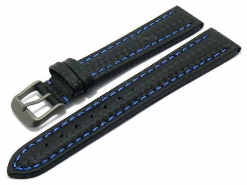 Uhrenarmband -Edmonton- 22mm schwarz mit Titanschlie�e Carbon-Look blaue Naht von MEYHOFER (Schlie�enansto� 20 mm) - Bild vergr��ern 