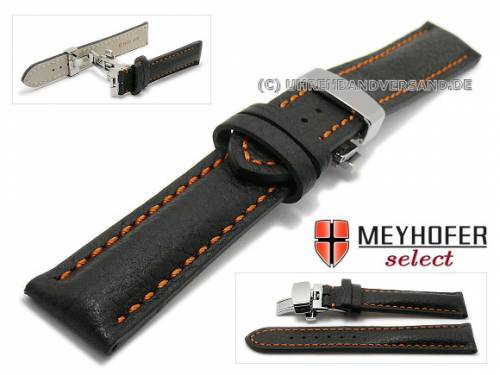 SALE: Uhrband -Bayonne- 17mm schwarz Leder genarbt orange Naht mit Faltschlie�e von MEYHOFER (Schlie�enansto� 16 mm) - Bild vergr��ern 
