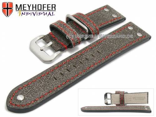 ABVERKAUF: Uhrenarmband -Ansbach- 22mm antikschwarz Leder Aviator-Look rote Naht von Meyhofer (Schlie�enansto� 20 mm) - Bild vergr��ern 