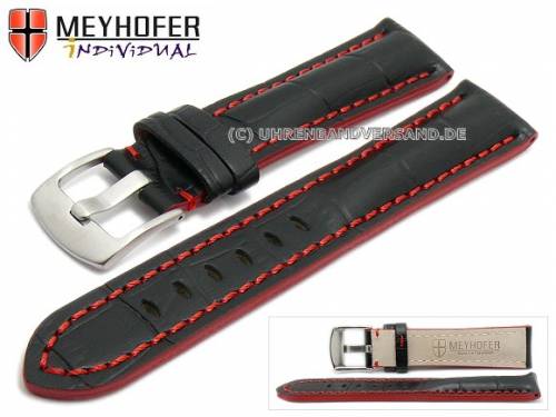 ABVERKAUF: Uhrenarmband -Estero- 19mm schwarz Leder Alligator-Prgung rote Naht von Meyhofer (Schlieenansto 18 mm) - Bild vergrern 