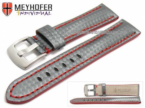 ABVERKAUF: Uhrenarmband -Rheinsberg- 18mm grau Leder Carbon-Look rote Naht von MEYHOFER (Schlie�enansto� 16 mm) - Bild vergr��ern 