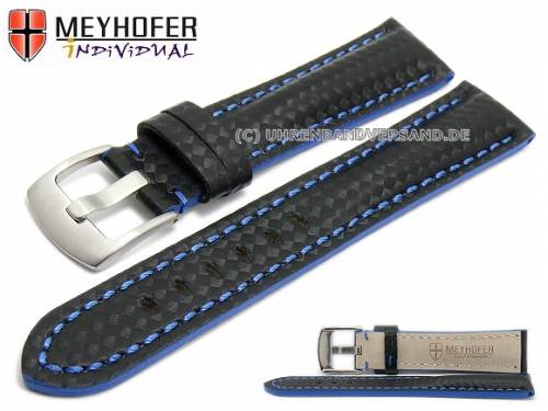 ABVERKAUF: Uhrenarmband -Rheinsberg- 18mm schwarz Leder Carbon-Look blaue Naht von MEYHOFER (Schlie�enansto� 16 mm) - Bild vergr��ern 