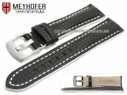 ABVERKAUF: Uhrenarmband -Rheinsberg- 18mm schwarz Leder Carbon-Look wei�e Naht von MEYHOFER (Schlie�enansto� 16 mm) - Bild vergr��ern 