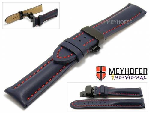 ABVERKAUF: Uhrenarmband -Stade- 24mm dblau Leder rote Naht schwarze Faltschlie�e von MEYHOFER (Schlie�enansto� 20 mm) - Bild vergr��ern 