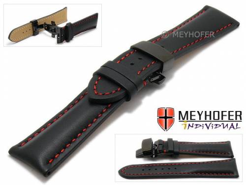 ABVERKAUF: Uhrenarmband -Stade- 24mm schwarz Leder rote Naht schwarze Faltschliee von MEYHOFER (Schlieenansto 20 mm) - Bild vergrern 