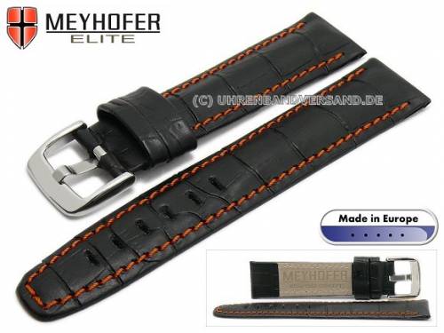 Uhrenarmband L (lang) -Lakeland- 24mm schwarz Leder Alligator-Pr�gung orange Naht von MEYHOFER (Schlie�enansto� 20 mm) - Bild vergr��ern 
