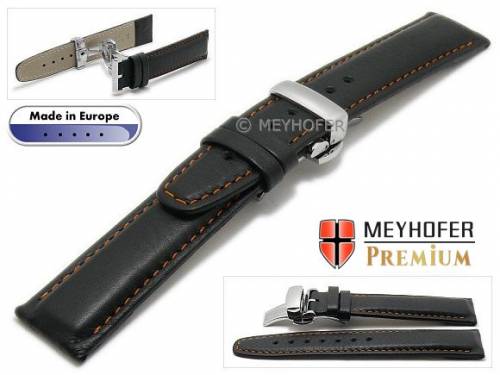 Uhrenarmband  -Sanremo- 19mm schwarz Leder genarbt orange Naht Faltschlie�e von MEYHOFER (Schlie�enansto� 18 mm) - Bild vergr��ern 