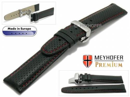 Uhrenarmband  -Ferrara- 22mm schwarz Leder perforiert rote Naht Faltschlie�e von MEYHOFER (Schlie�enansto� 20 mm) - Bild vergr��ern 
