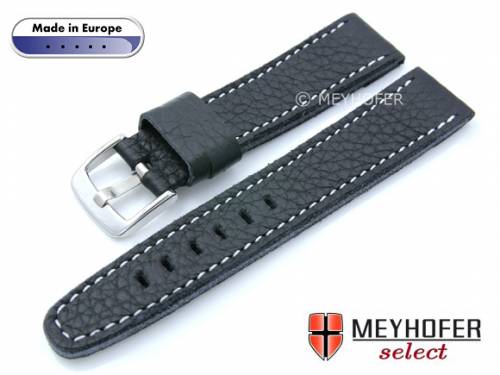 Uhrenarmband -Alcamo- 22mm schwarz Leder genarbt robust & weich helle Naht von MEYHOFER (Schlie�enansto� 20 mm) - Bild vergr��ern 