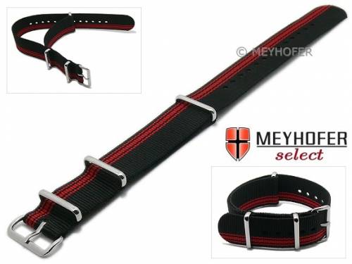 Uhrenarmband XS -Iowa- 18mm schwarz Textil rote seitliche Streifen 3 Metallschlaufen Durchzugsband von MEYHOFER - Bild vergrern 