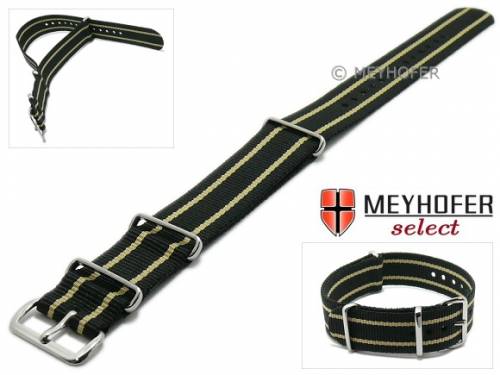 Uhrenarmband -Nebraska- 22mm schwarz Textil mit beigen Streifen 3 Metallschlaufen Durchzugsband MEYHOFER - Bild vergr��ern 