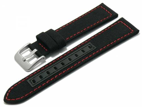 Uhrenarmband -Tacna- 20mm schwarz recyceltes Polyester/vegan textilartig rote Naht (Schlie�enansto� 18 mm) - Bild vergr��ern 