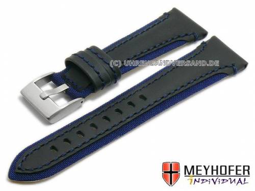 Uhrenarmband -Barletta- 22mm schwarz/dunkelblau Leder/Cordura Naht dunkelblau von MEYHOFER (Schlie�enansto� 18 mm) - Bild vergr��ern 