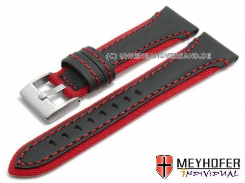 Uhrenarmband -Barletta- 20mm schwarz/rot Leder/Cordura Naht rot von MEYHOFER (Schlie�enansto� 18 mm) - Bild vergr��ern 