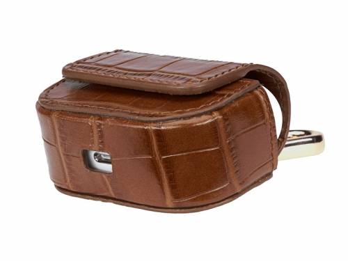 Exklusives Mehrzwecketui/Leder-Etui f�r AIRPODS PRO & mehr mittelbraun handgearbeitet Alligator-Pr�gung GOLDBLACK  - Bild vergr��ern 