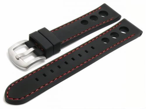 Uhrenarmband -Bergamo- 20mm schwarz Silikon Racing-Look matt glatt rote Naht (Schlie�enansto� 18 mm) - Bild vergr��ern 