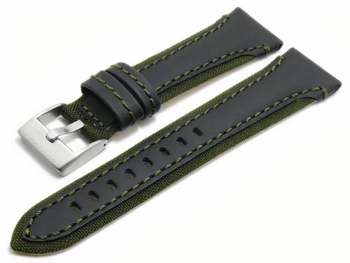 Uhrenarmband -Barletta- 24mm schwarz/gr�n Leder/Cordura Naht gr�n Unterseite Lorica (Schlie�enansto� 20 mm) - Bild vergr��ern 