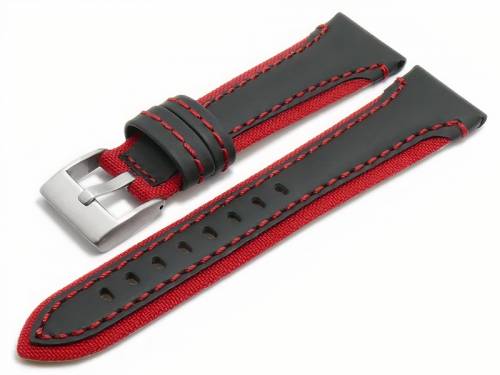 Uhrenarmband -Barletta- 20mm schwarz/rot Leder/Cordura Naht rot Unterseite Lorica (Schlie�enansto� 18 mm) - Bild vergr��ern 
