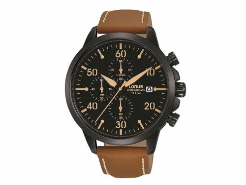 Herren-Chronograph Edelstahl schwarz Ziffernblatt schwarz Lederband braun von Lorus (*LO*HU*) - Bild vergr��ern 