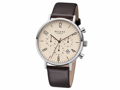 ABVERKAUF: Herrenuhr Chronograph Edelstahl 5ATM wasserdicht mit Lederband dunkelbraun von REGENT (*RG*HU*) - Bild vergr��ern 