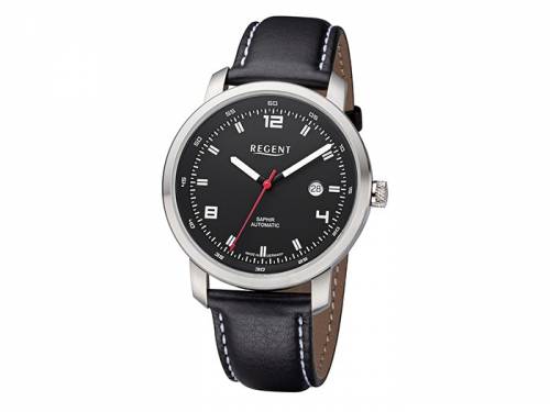 ABVERKAUF: Automatik-Herrenuhr Edelstahl Ziffernblatt schwarz mit Lederband schwarz MADE IN GERMANY von REGENT (*RG*HU*) - Bild vergr��ern 