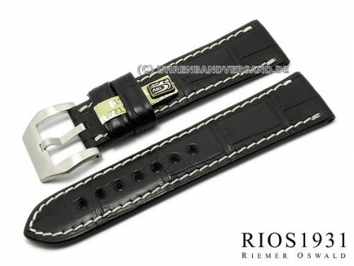 Uhrarmband -Modena- 24mm schwarz RIOS e. Alligator f�r Panerai wei�e Naht (Schlie�enansto� 22 mm) - Bild vergr��ern 