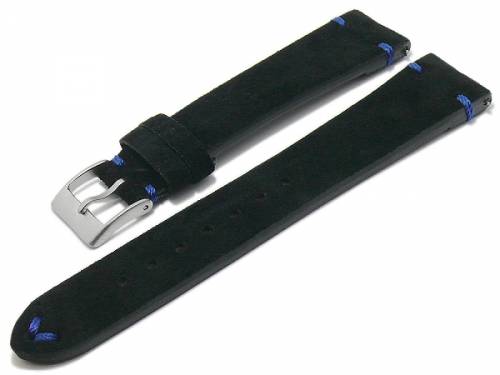 Uhrenarmband 19mm schwarz Leder velourartig blaue Naht mit Schnellwechselstegen (Schlie�enansto� 16 mm) - Bild vergr��ern 