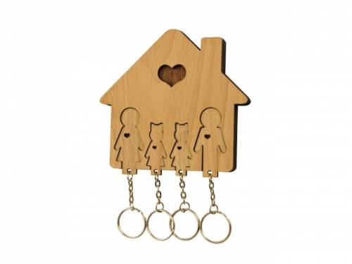 Schl�sselbrett mit 4 Schl�sselanh�ngern - Familie mit T�chtern aus Holz - Bild vergr��ern 