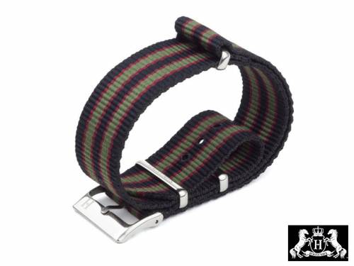 ABVERKAUF: Uhrband -Varberg- 24mm schwarz Nylon/Textil mit roten + gr�nen Streifen NATO-Style Durchzugsband von HAGLUND - Bild vergr��ern 