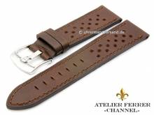 Uhrenarmband Monza 22mm dunkelbraun Leder Racing-Look abgenäht von ATELIER FERRER CHANNEL (Schließenanstoß 20 mm)