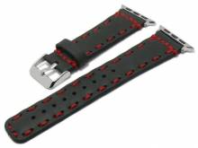 ABVERKAUF: Uhrenband 22mm schwarz Leder Vintage-Style mit APPLE-Adapter 38/40 mm rote Naht by BURKLEY (Schließe 20 mm)