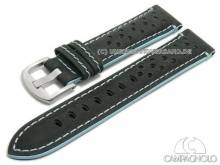 ABVERKAUF: Uhrenarmband 20mm schwarz Leder Racing-Look genarbt hellblaue Naht von CAMPAGNOLO (Schlie&szlig;enansto&szlig; 18 mm)