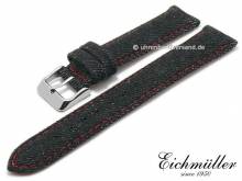 Uhrenarmband 20mm schwarz Textil/Leder Jeans-Look rote Naht von BandOh (Schlie&szlig;enansto&szlig; 18 mm)