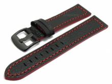 Meyhofer EASY-CLICK Uhrenarmband Neuburg 24mm schwarz Leder rote Naht Schlie&szlig;e schwarz (Schlie&szlig;enansto&szlig; 22 mm)