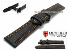 Uhrenarmband Nogaro 22mm schwarz Carbon-Look Butterflyfaltschlie&szlig;e schw. orange Naht MEYHOFER (Schlie&szlig;enansto&szlig; 20 mm)
