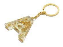 Schl&uuml;sselanh&auml;nger/Taschenanh&auml;nger Gro&szlig;buchstabe A Epoxidharz transparent goldfarbene Zierflocken incl. Schl&uuml;sselring
