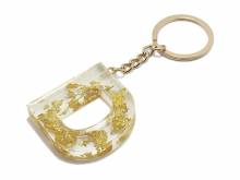 Schl&uuml;sselanh&auml;nger/Taschenanh&auml;nger Gro&szlig;buchstabe D Epoxidharz transparent goldfarbene Zierflocken incl. Schl&uuml;sselring