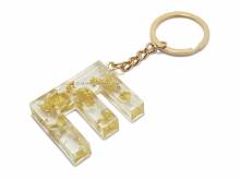 Schl&uuml;sselanh&auml;nger/Taschenanh&auml;nger Gro&szlig;buchstabe E Epoxidharz transparent goldfarbene Zierflocken incl. Schl&uuml;sselring