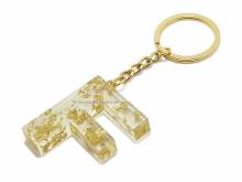 Schl&uuml;sselanh&auml;nger/Taschenanh&auml;nger Gro&szlig;buchstabe F Epoxidharz transparent goldfarbene Zierflocken incl. Schl&uuml;sselring