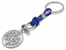 Schl&uuml;sselanh&auml;nger/Taschenanh&auml;nger Windrose Metall/Textil silberfarben/blau matt mit Schl&uuml;sselring