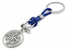 Schl&uuml;sselanh&auml;nger/Taschenanh&auml;nger Windrose Metall/Textil silberfarben/blau poliert mit Schl&uuml;sselring
