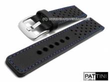 Uhrenarmband 24mm schwarz Leder glatt rustikal Racing-Style blaue Naht von PATTINI (Schlie&szlig;enansto&szlig; 24 mm)